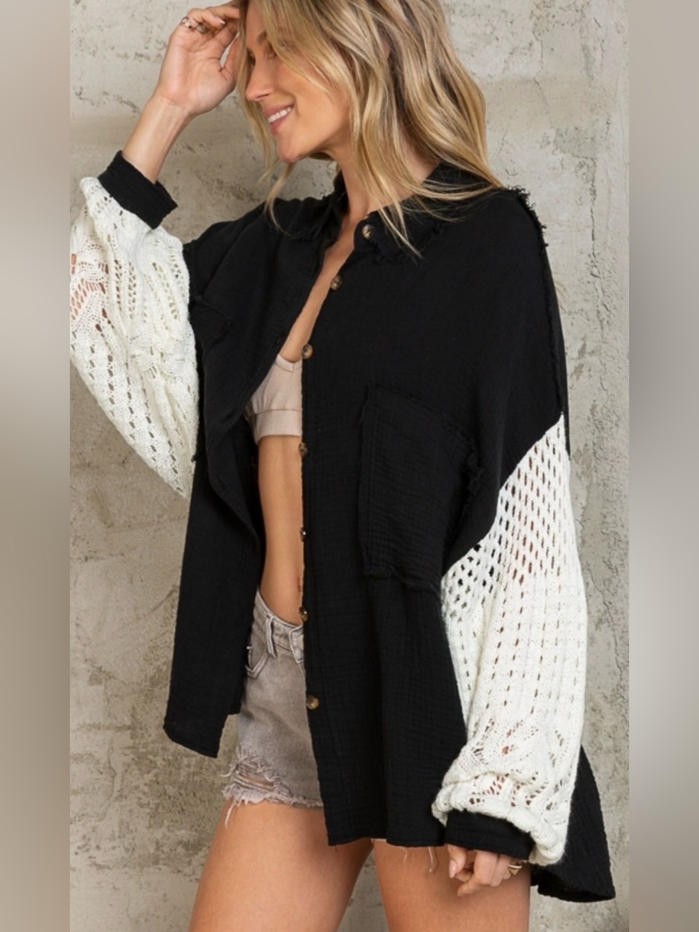 NWT POL Clothing Openwork Lantern Sleeve Button Down Gauze Shirt
